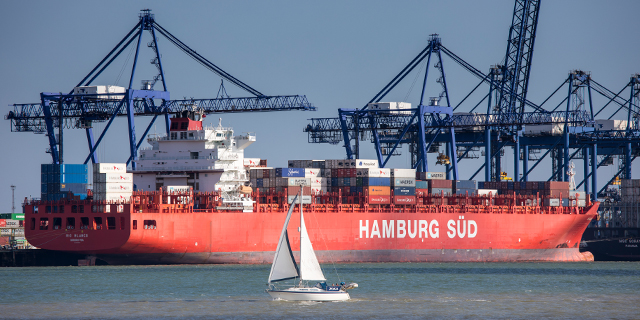 A German container ship at the UK's Port of Felixstowe, near Ipswich. (Tim Graham/Getty Images)