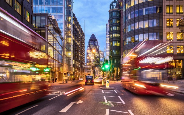 London’s central financial district at dusk. (xavierarnau via Getty Images)