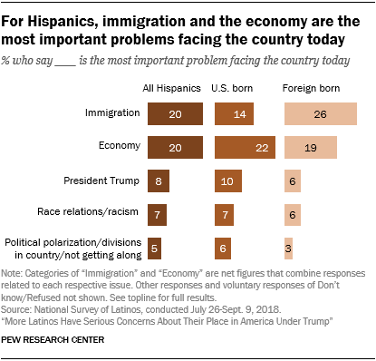 Chart showing that for Hispanics, immigration and the economy are the most important problems facing the country today.