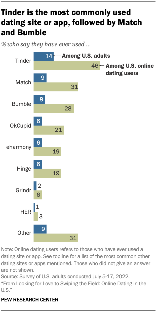 Tinder is the most commonly used dating site or app, followed by Match and Bumble