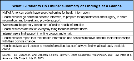 What E-Patients Do Online: Summary of Findings at a Glance