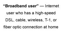 “Broadband user” — Internet user who has a high-speed DSL, cable, wireless, T-1, or fiber optic connection at home