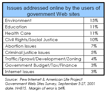 Issues addressed online by the users of government Web sites
