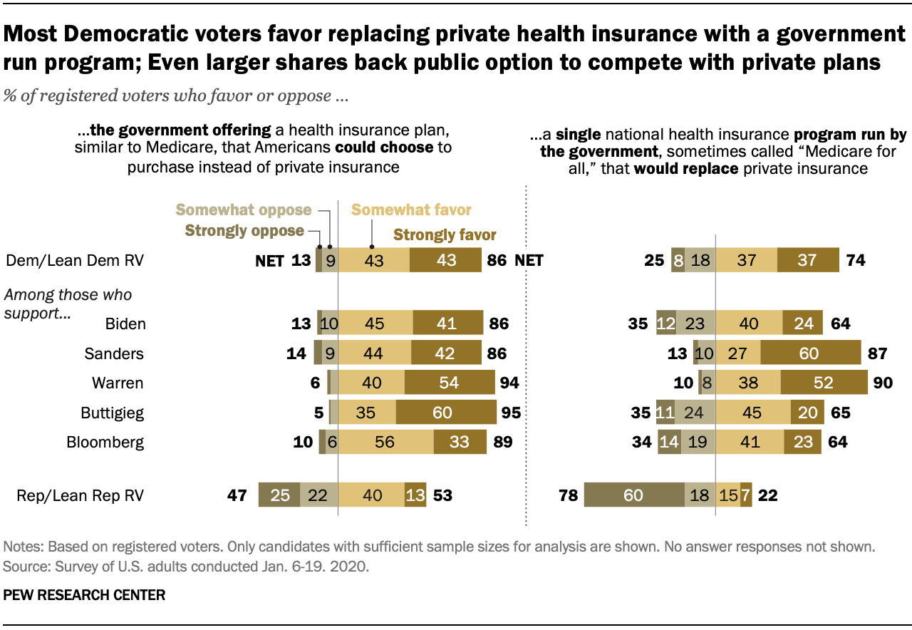 Most Democratic voters favor replacing private health insurance with a government run program; Even larger shares back public option to compete with private plans