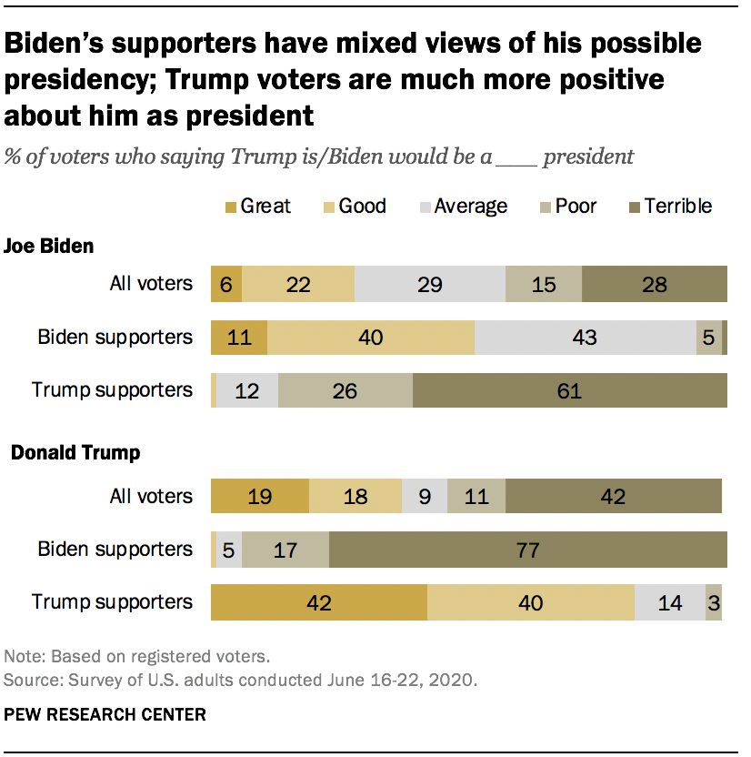 Biden’s supporters have mixed views of his possible presidency; Trump voters are much more positive about him as president 