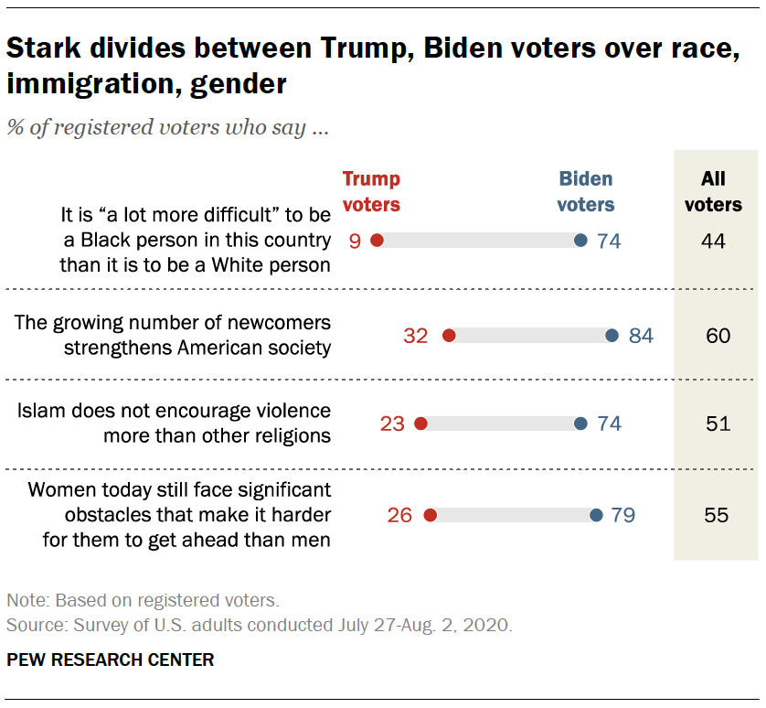 Stark divides between Trump, Biden voters over race, immigration, gender