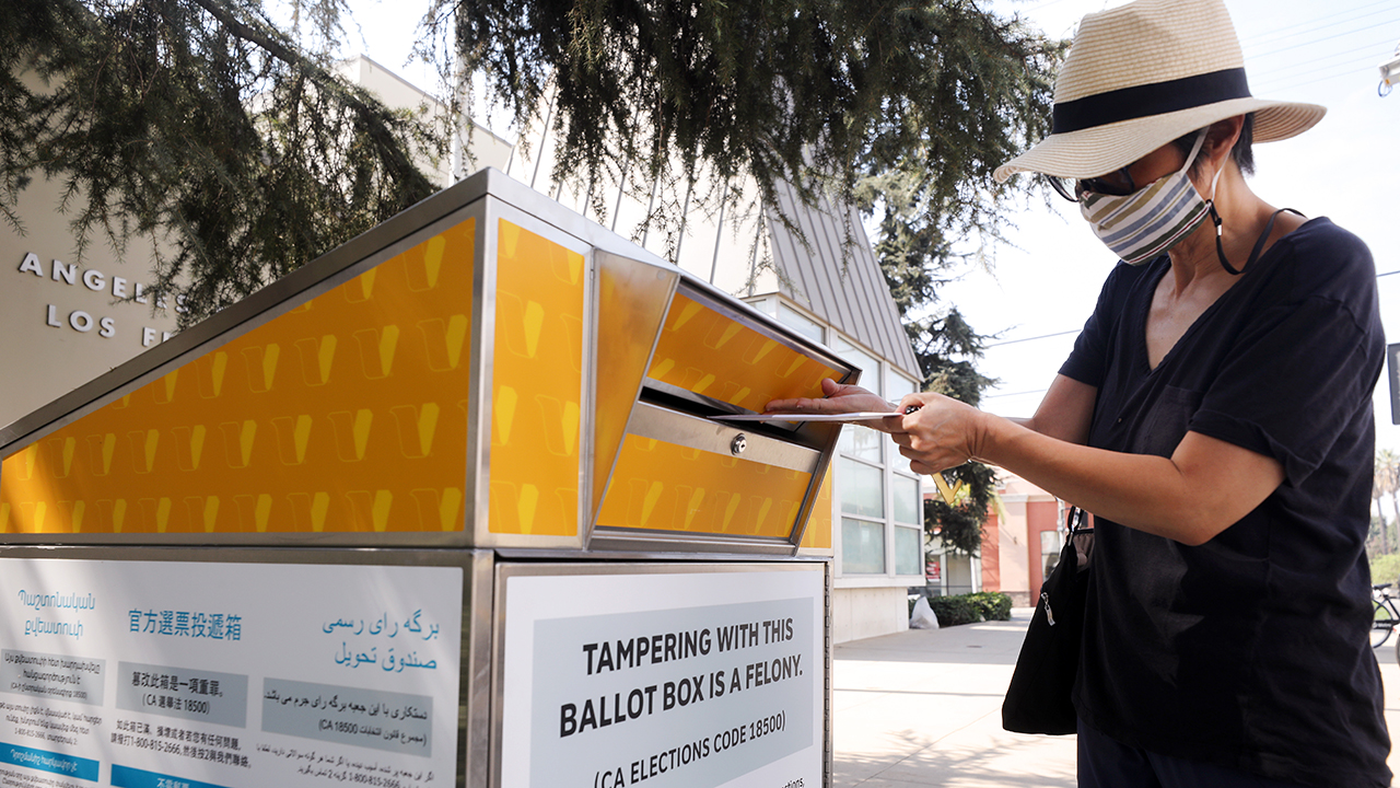 A ballot drop-off box outside a Los Angeles library on Oct. 5. (Mario Tama/Getty Images)