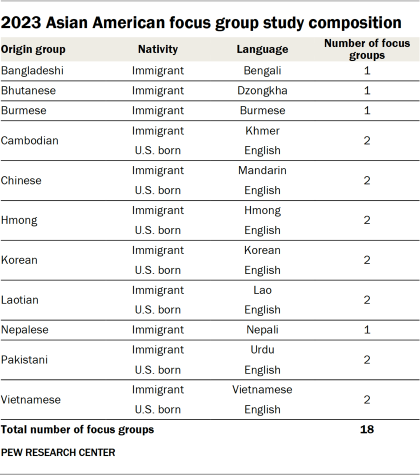 Table showing 2023 Asian American focus group study composition