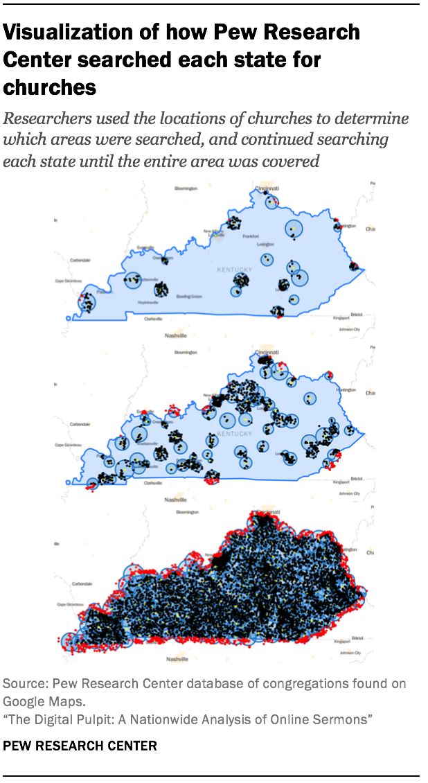 Visualization of how Pew Research Center searched each state for churches