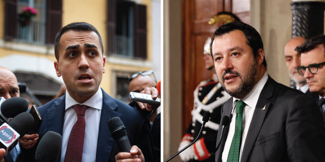 Five Star Movement's Luigi Di Maio, left, and the League's Matteo Salvini. (Left: Antonio Masiello/Getty Images. Right: Massimo Di Vita/Archivio Massimo Di Vita/Mondadori Portfolio via Getty Images)