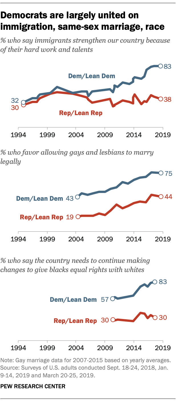 Democrats are largely united on immigration, same-sex marriage, race