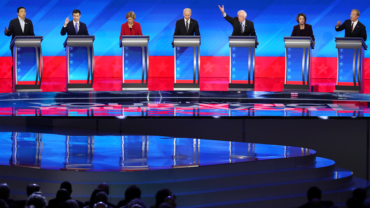 Candidates participated in the Democratic presidential primary debate at St. Anselm College on Feb. 7 in Manchester, New Hampshire. (Joe Raedle/Getty Images)
