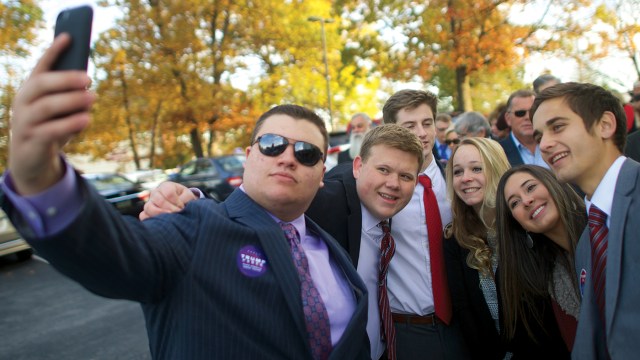 Donald Trump supporters pose for a selfie before a rally on Nov. 1, 2016, in King of Prussia, Pennsylvania. (Mark Makela/Getty Images)