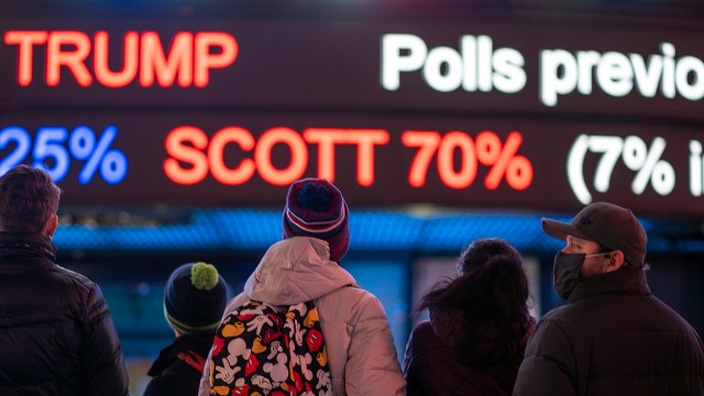 People gather in Times Square as they await election results on Nov. 3, 2020, in New York City. (David Dee Delgado/Getty Images)