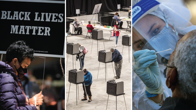 From left: A woman with a mask holds Black Lives Matter lawn sign in her hands during a vigil; voters cast their ballots on Election Day in Bangor, Maine; and a nurse uses a swab to test a person for COVID-19. (From left: Stephen Zenner/SOPA Images/LightRocket via Getty Images; Scott Eisen/Getty Images; David L. Ryan/The Boston Globe via Getty Images)