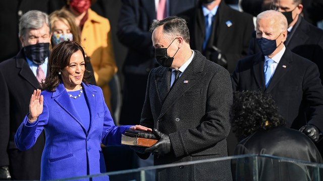 Kamala Harris is sworn in as vice president by Supreme Court Justice Sonia Sotomayor on Jan. 20, 2021, in Washington as Harris’ husband, Doug Emhoff, and Joe Biden look on. (Jonathan Newton/The Washington Post via Getty Images)