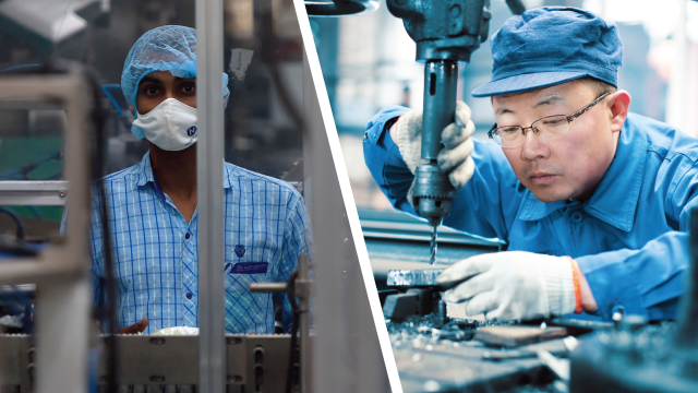 In this split image, on one side, a staff member works on the production line of a diaper manufacturing plant in Sinnar, India. In the other image, a factory worker uses a drilling machine. (Punit Paranjpe/AFP via Getty Images; Jian Wan/Getty Images)