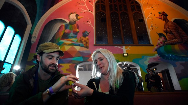 Two people attend services at the International Church of Cannabis on April 20, 2017, in Denver.