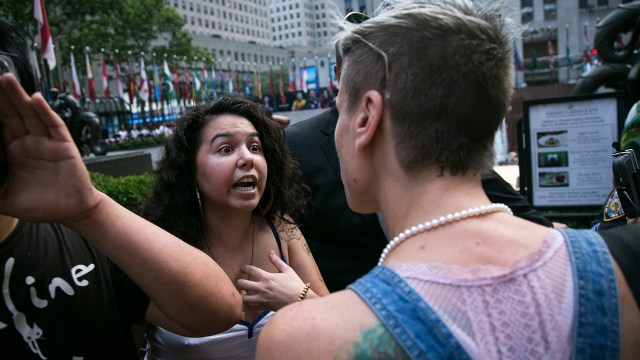 Demonstrators argue during a protest against U.S. immigration policies in New York City in 2018. (Karla Ann Cote/NurPhoto via Getty Images)