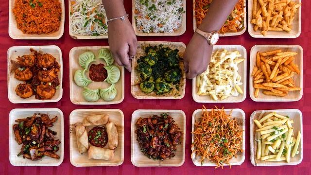 Dishes on display at a food stall at a vegetarian food festival in Bengaluru.