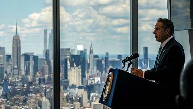 New York Gov. Andrew Cuomo holds a press conference at One World Trade Center in New York City.