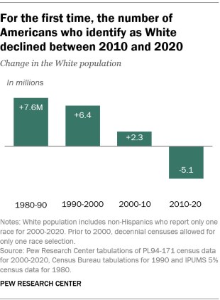 A bar chart showing that for the first time, the number of Americans who identify as White declined between 2010 and 2020