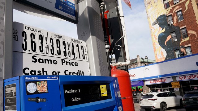 A sign displaying gas prices at a station in Morningside Heights, New York, in January 2022.