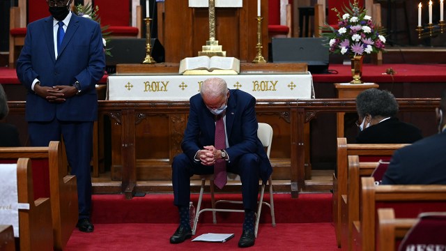 Then-Democratic presidential candidate Joe Biden visits clergy members and community activists at Bethel African Methodist Episcopal Church in Wilmington, Delaware, in June 2020.