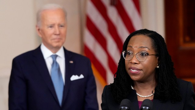 U.S. Circuit Judge Ketanji Brown Jackson speaks at the White House after President Joe Biden introduced her as his nominee to the Supreme Court on Feb. 25, 2022.