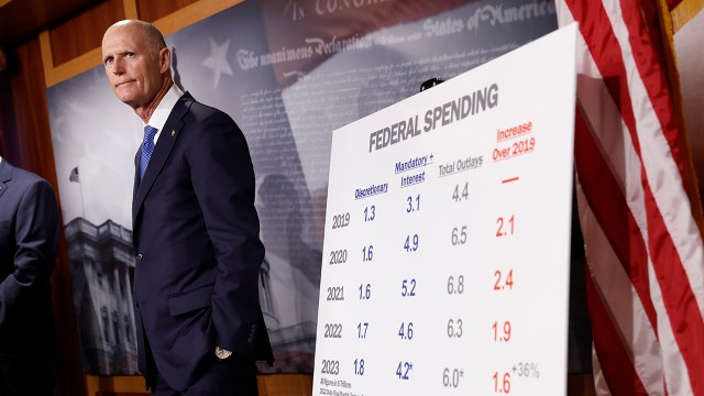 Photo showing Sen. Rick Scott, R-Fla., during a news conference called by Republicans to discuss ongoing debt ceiling negotiations at the U.S. Capitol Building on Jan. 25, 2023. (Anna Moneymaker/Getty Images)