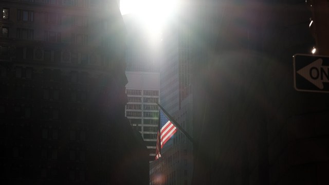 An American flag hangs from a building in Manhattan on Dec. 2, 2022, in New York City. (Spencer Platt/Getty Images)