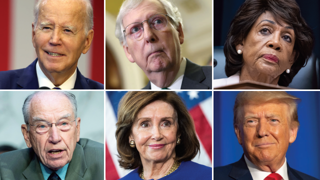 Joe Biden (Kevin Dietsch/Getty Images); Mitch McConnell (Kevin Dietsch/Getty Images); Maxine Waters (Sipa USA via AP); Chuck Grassley (Alamy Live News via AP); Nancy Pelosi (Associated Press); Donald Trump (Scott Eisen/Getty Images)