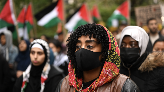 Muslim Americans gather in front of New York City Hall while demonstrating in support of Palestinians after performing Friday prayers on Oct. 20, 2023. (Fatih Aktas/Anadolu via Getty Images)