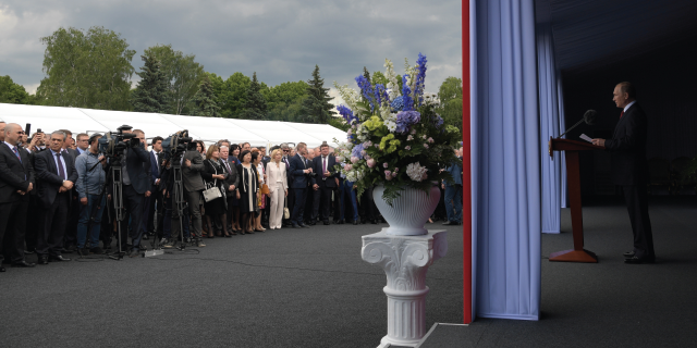 Russian President Vladimir Putin speaks at the Kremlin in Moscow on June 12 during a reception marking Russia Day. (Alexei Druzhinin/TASS via Getty Images)