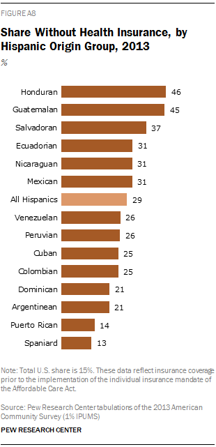 Share Without Health Insurance, by Hispanic Origin Group, 2013