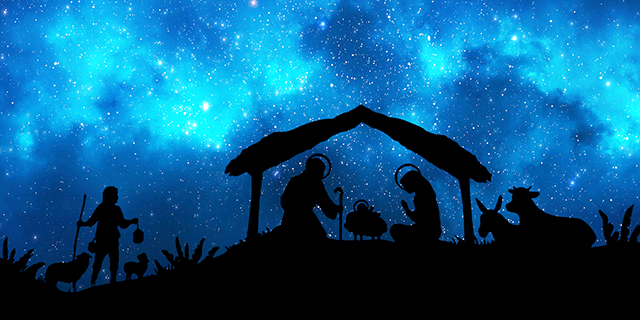 Representation of Christmas Nativity scene. Holy Family figurines under a hut in the desert, cow, donkey, a shepherd and two sheep are in silhouette style at foreground. In the background, a beautiful blue starly sky. XXXL concept image image.